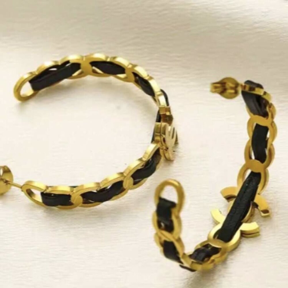 Chic Chanel CC Gold Hoop Earrings with Black Leather Chain - Picture 2 of 7